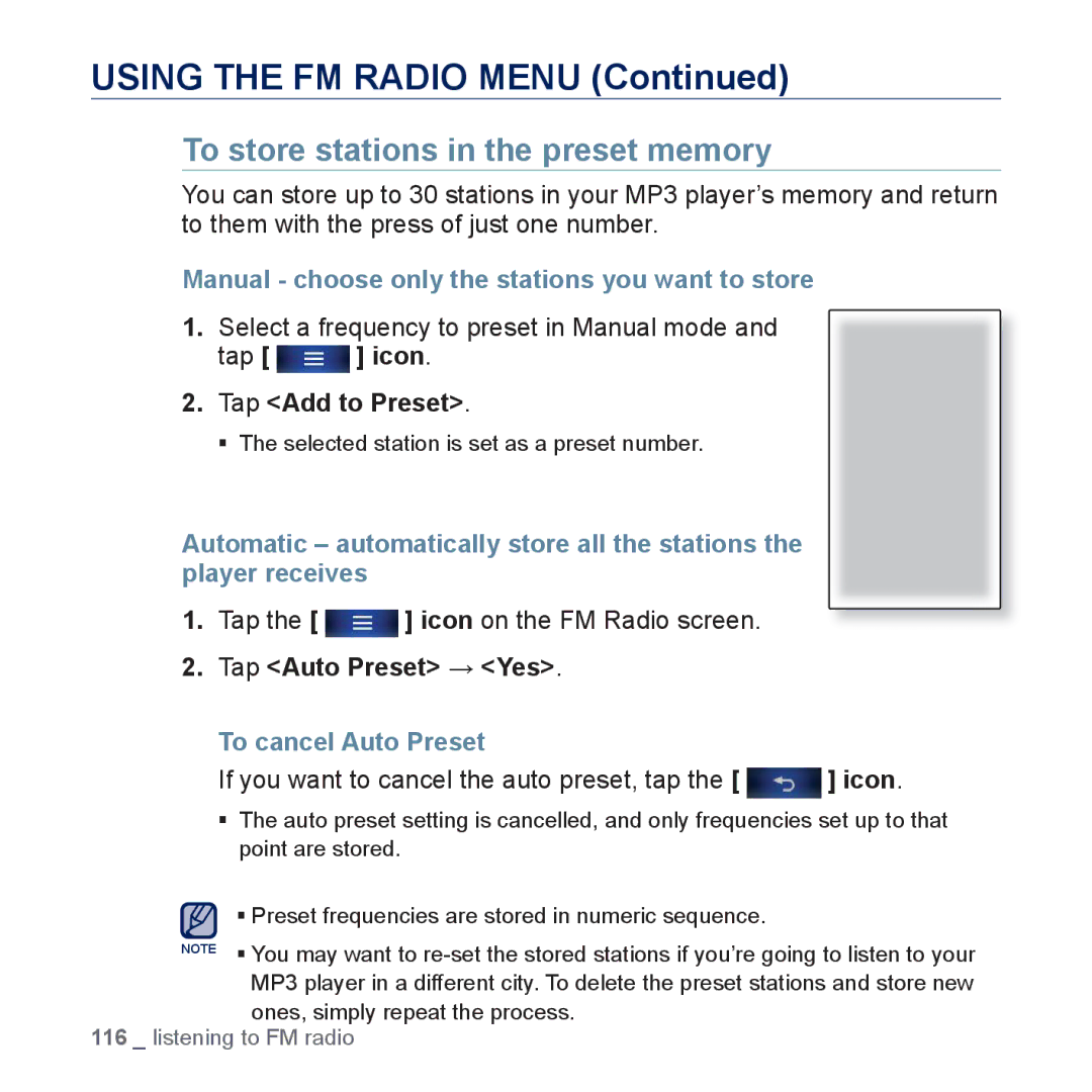 Samsung YP-P3 user manual Using the FM Radio Menu, To store stations in the preset memory, To cancel Auto Preset 