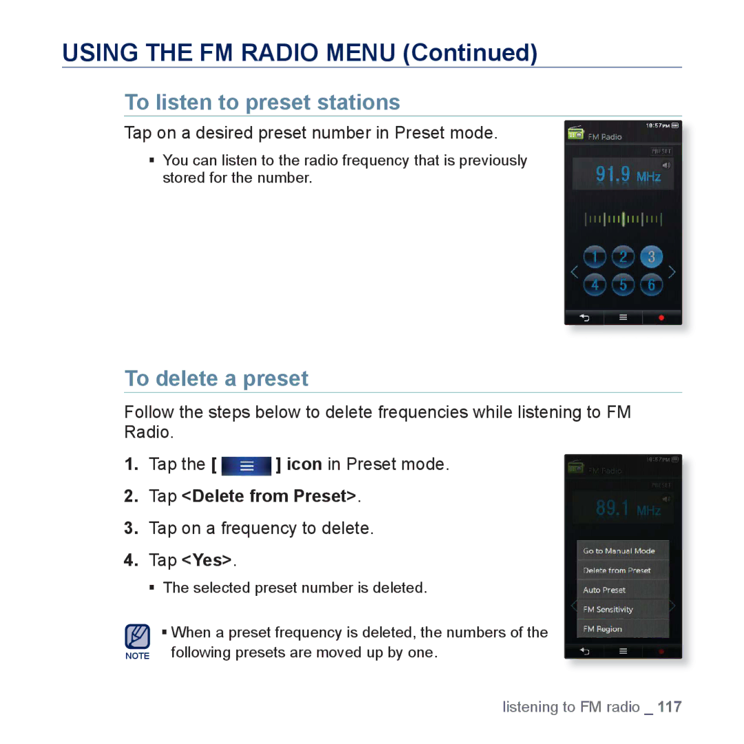 Samsung YP-P3 user manual To listen to preset stations, To delete a preset, Tap on a desired preset number in Preset mode 