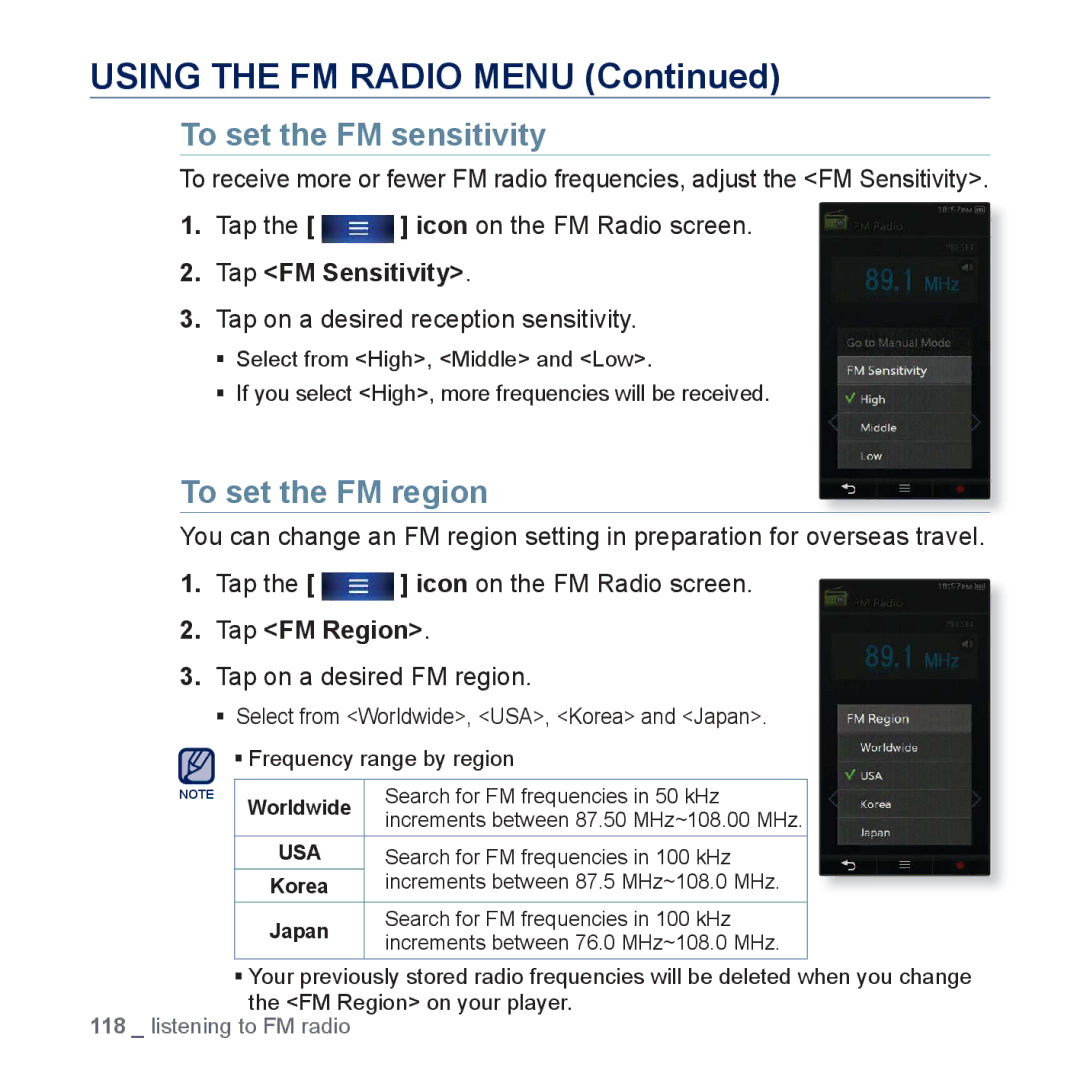 Samsung YP-P3 user manual To set the FM sensitivity, To set the FM region, Tap FM Sensitivity, Tap FM Region 