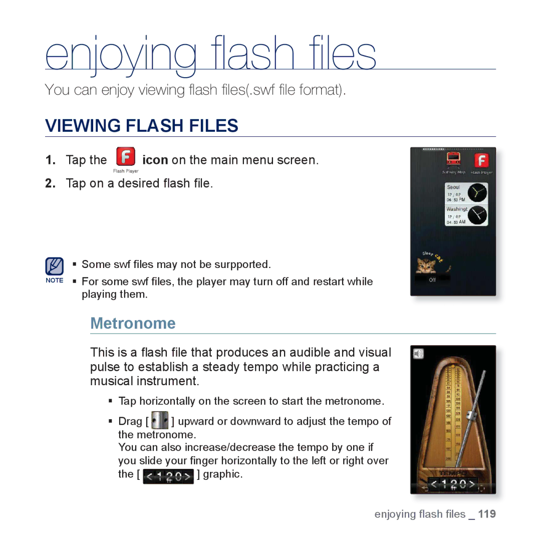 Samsung YP-P3 user manual Enjoying ﬂ ash ﬁ les, Viewing Flash Files, Metronome 