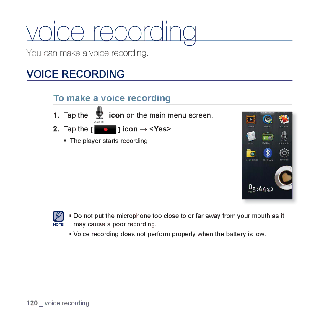 Samsung YP-P3 user manual Voice recording, Voice Recording, To make a voice recording 