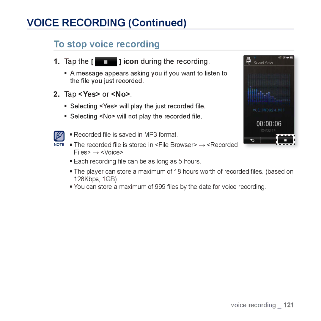 Samsung YP-P3 user manual Voice Recording, To stop voice recording 