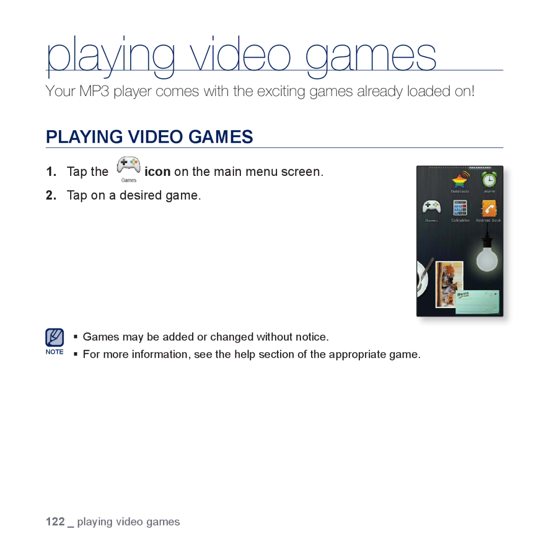 Samsung YP-P3 Playing video games, Playing Video Games, Tap the icon on the main menu screen Tap on a desired game 