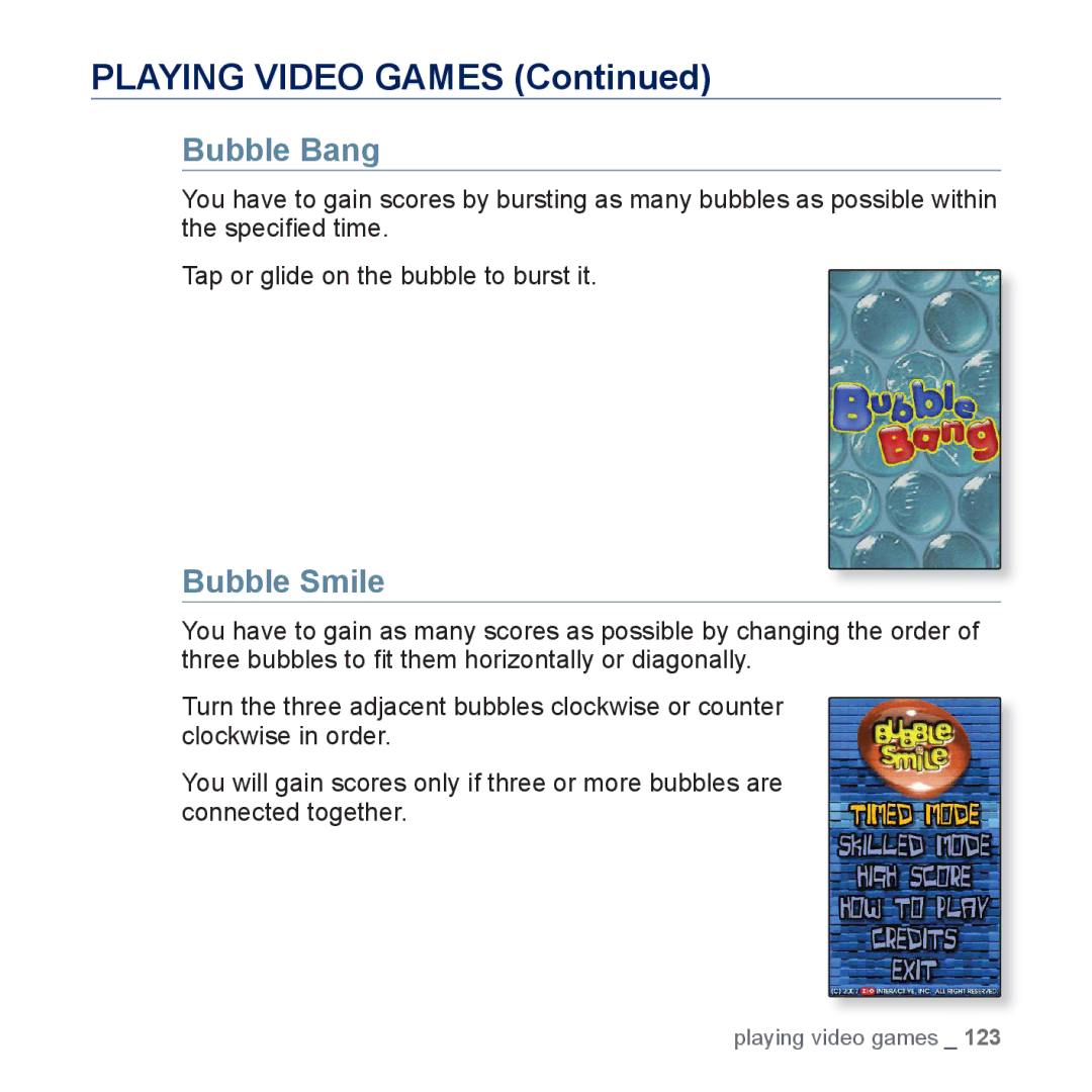 Samsung YP-P3 user manual Playing Video Games, Bubble Bang, Bubble Smile 