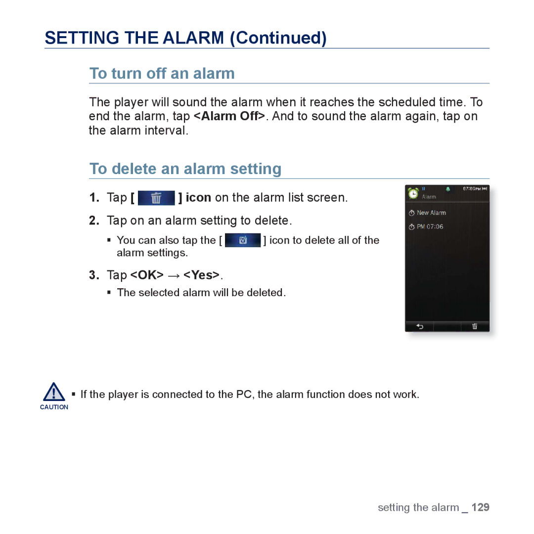 Samsung YP-P3 user manual Setting the Alarm, To turn off an alarm, To delete an alarm setting 