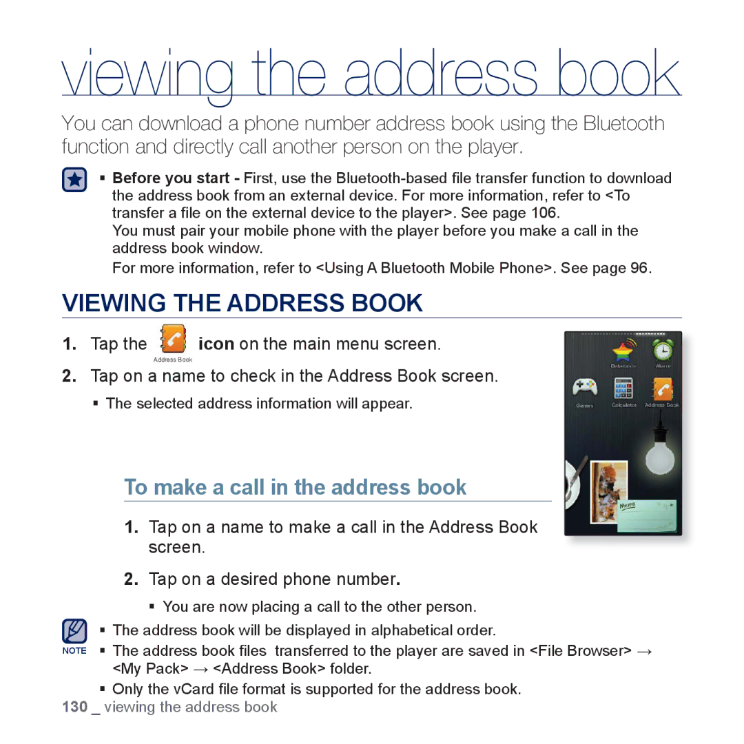 Samsung YP-P3 user manual Viewing the Address Book, To make a call in the address book 