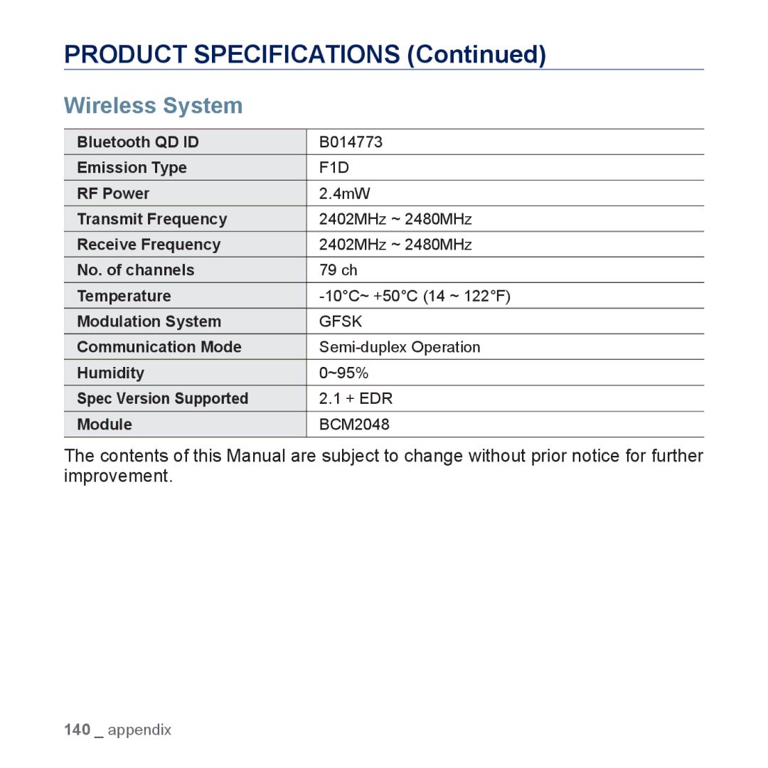 Samsung YP-P3 user manual Product Specifications, Wireless System 