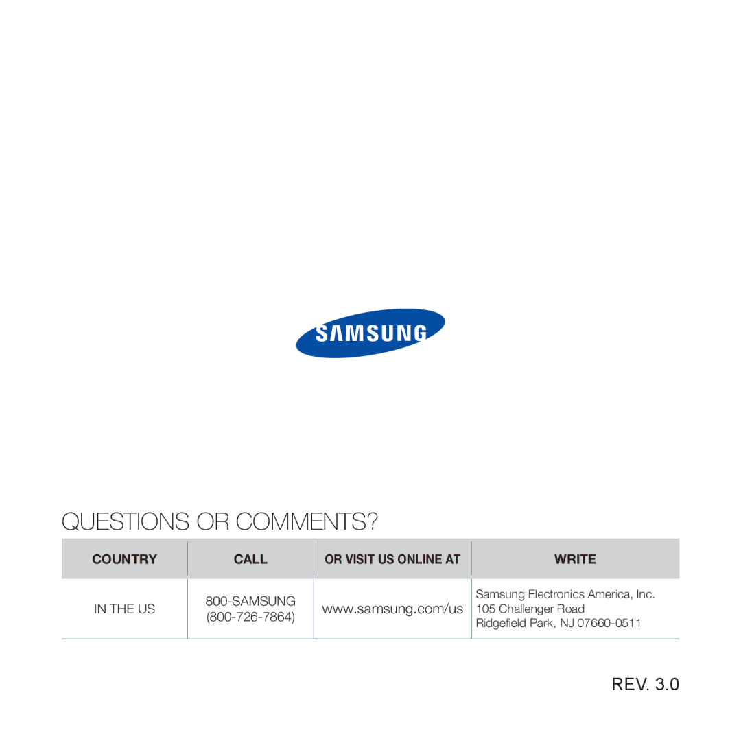 Samsung YP-P3 user manual Questions or COMMENTS?, Rev 