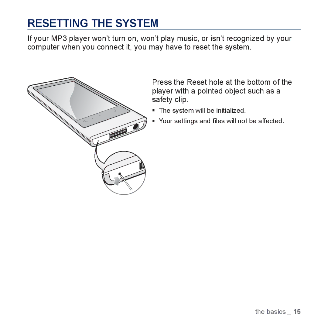 Samsung YP-P3 user manual Resetting the System 