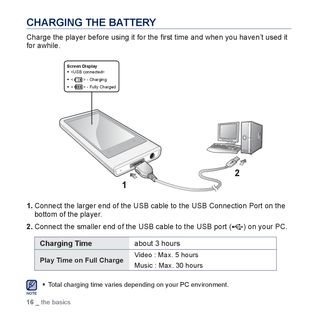 Samsung YP-P3 user manual Charging the Battery, Charging Time, About 3 hours 