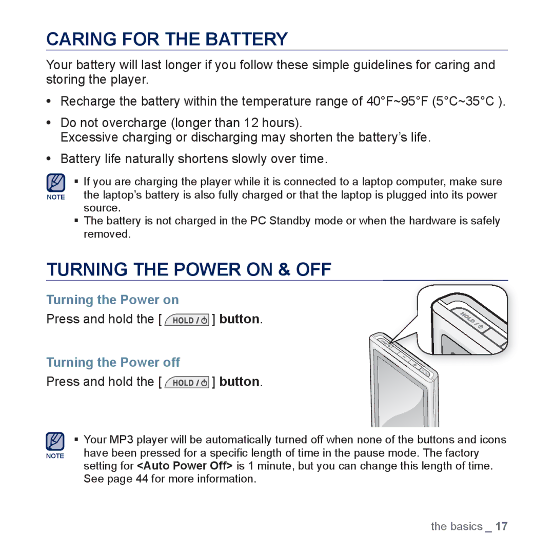 Samsung YP-P3 Caring for the Battery, Turning the Power on & OFF, Press and hold the button, Turning the Power off 