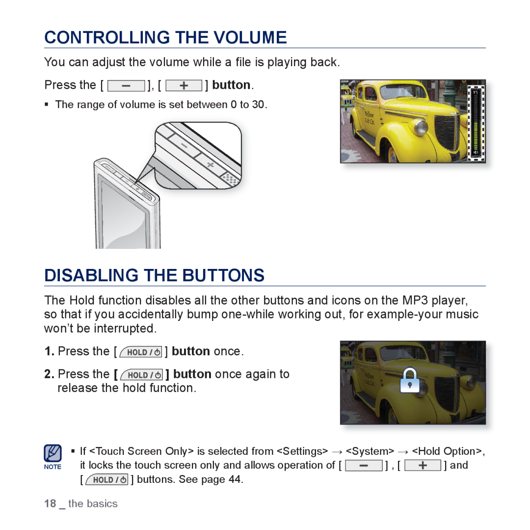 Samsung YP-P3 user manual Controlling the Volume, Disabling the Buttons 