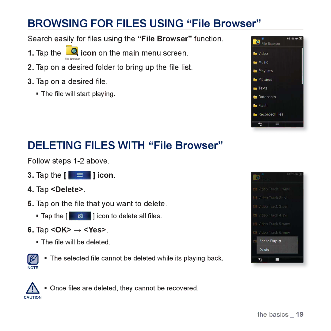 Samsung YP-P3 user manual Browsing for Files Using File Browser, Deleting Files with File Browser, Tap Delete, Tap OK → Yes 