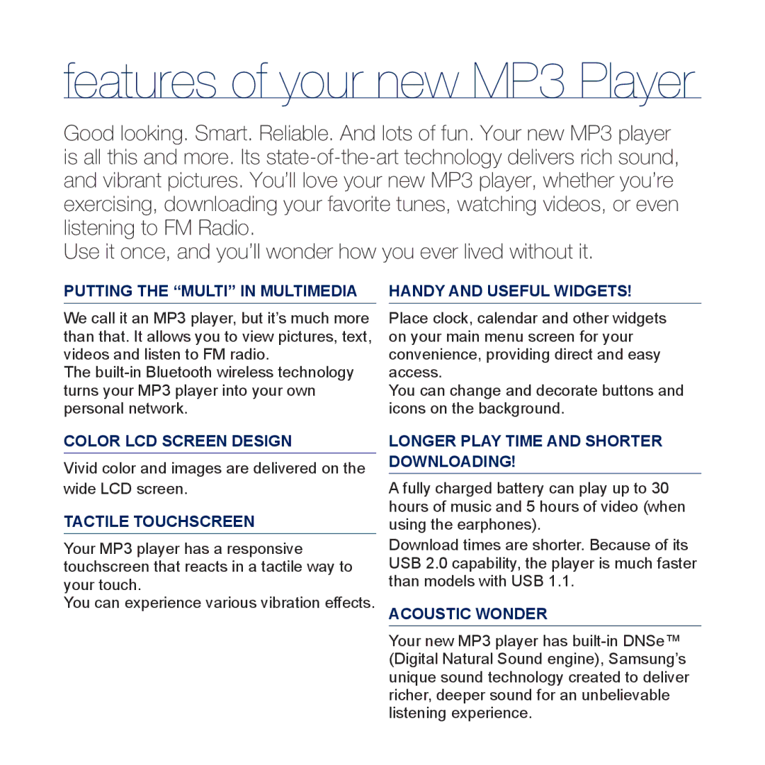 Samsung YP-P3 user manual Features of your new MP3 Player 