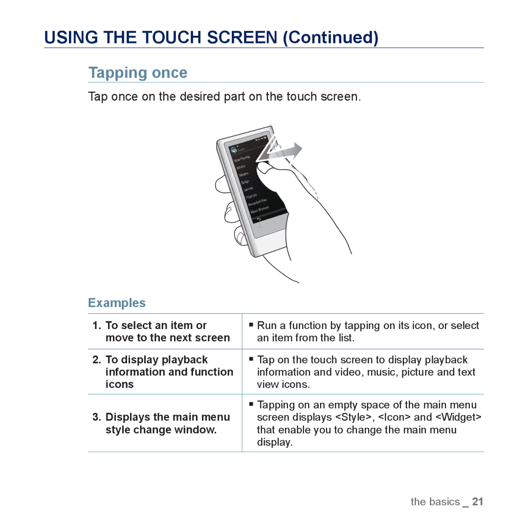 Samsung YP-P3 user manual Using the Touch Screen, Tapping once, Tap once on the desired part on the touch screen, Examples 