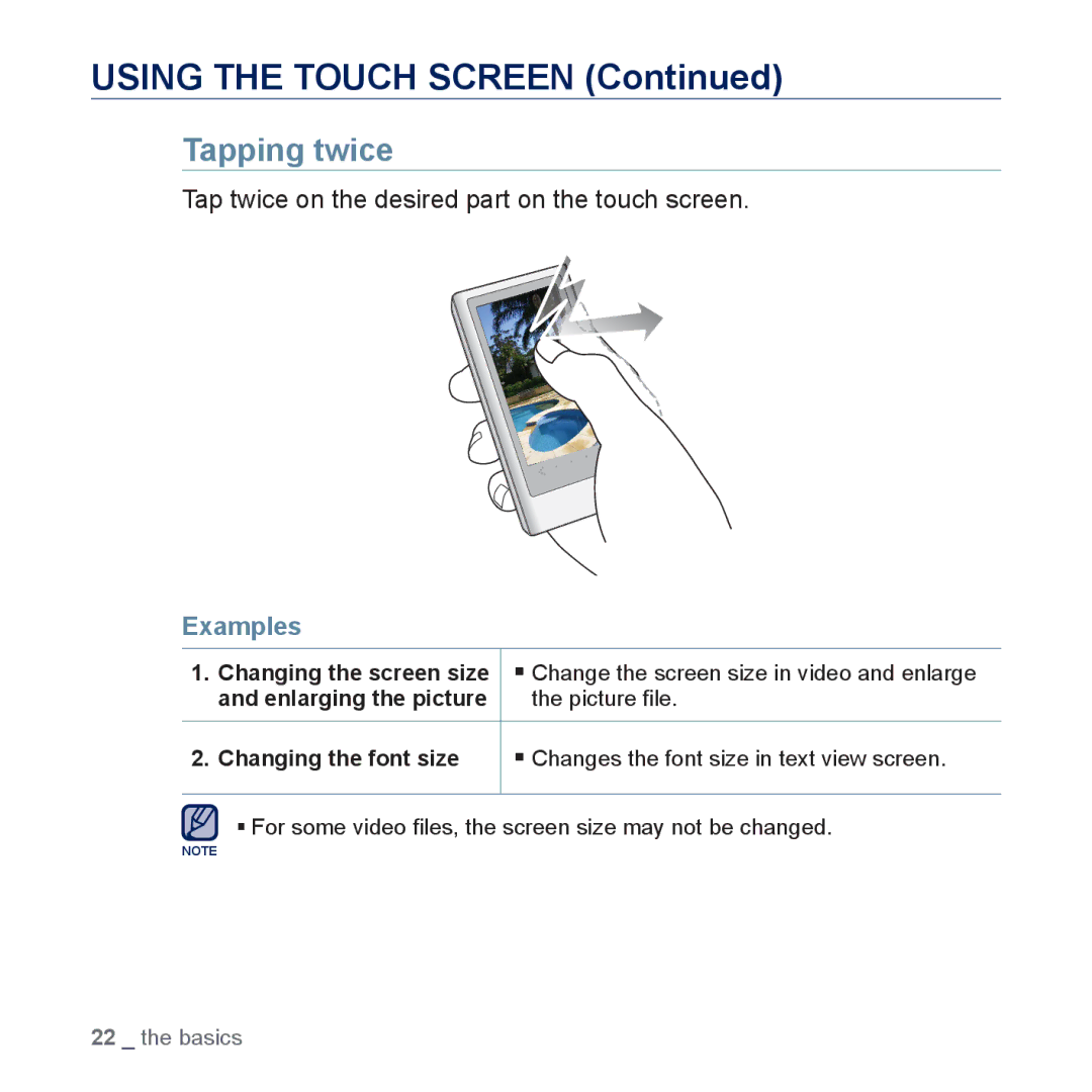 Samsung YP-P3 user manual Tapping twice, Tap twice on the desired part on the touch screen 