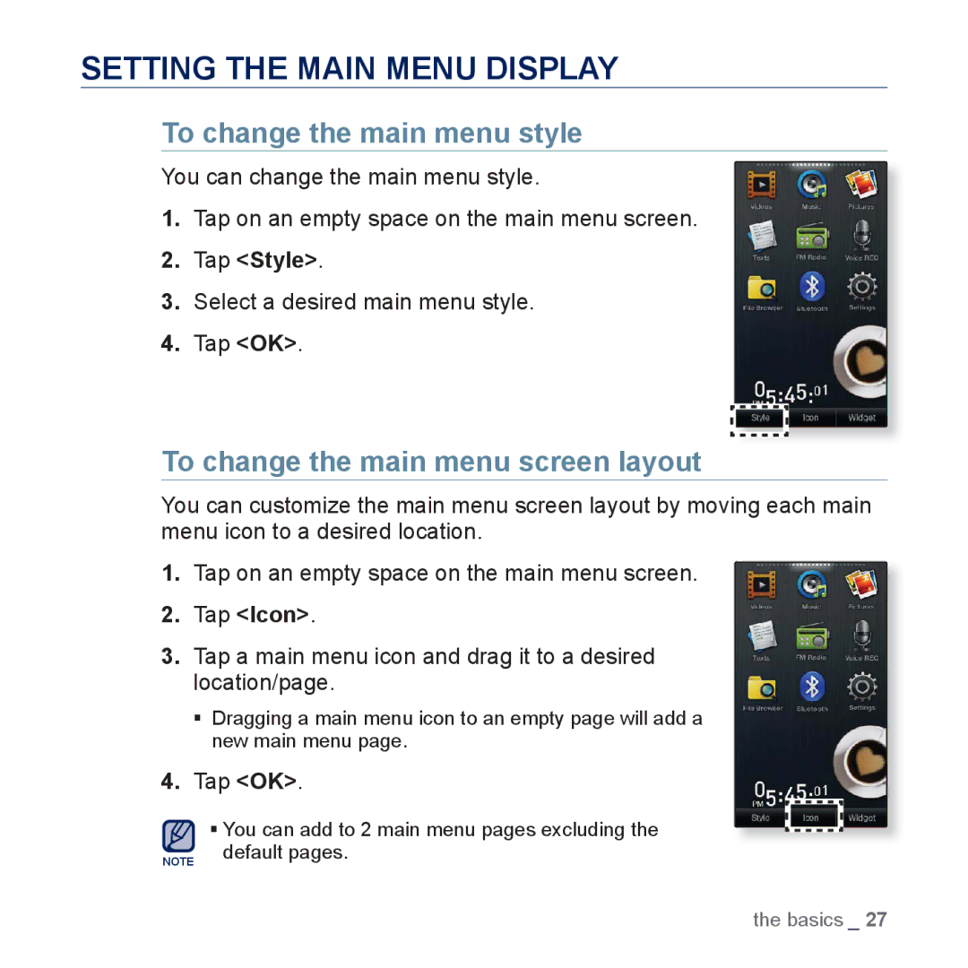 Samsung YP-P3 Setting the Main Menu Display, To change the main menu style, To change the main menu screen layout 