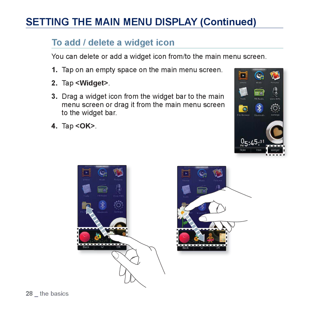 Samsung YP-P3 user manual Setting the Main Menu Display, To add / delete a widget icon, Tap Widget 