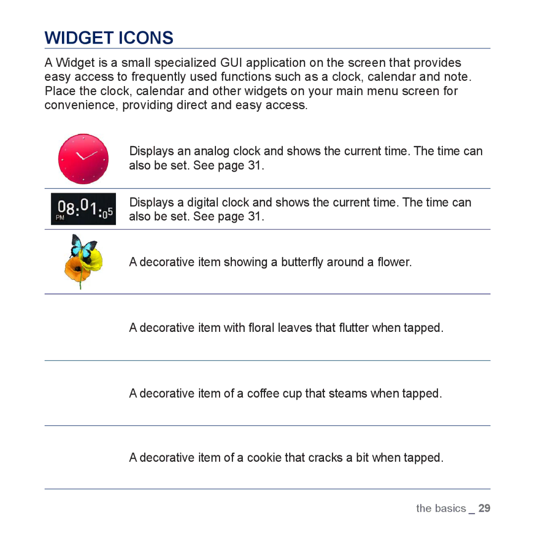 Samsung YP-P3 user manual Widget Icons 