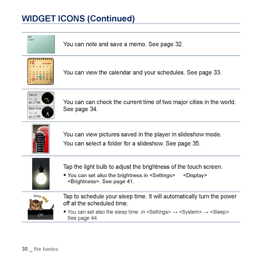 Samsung YP-P3 user manual Widget Icons 