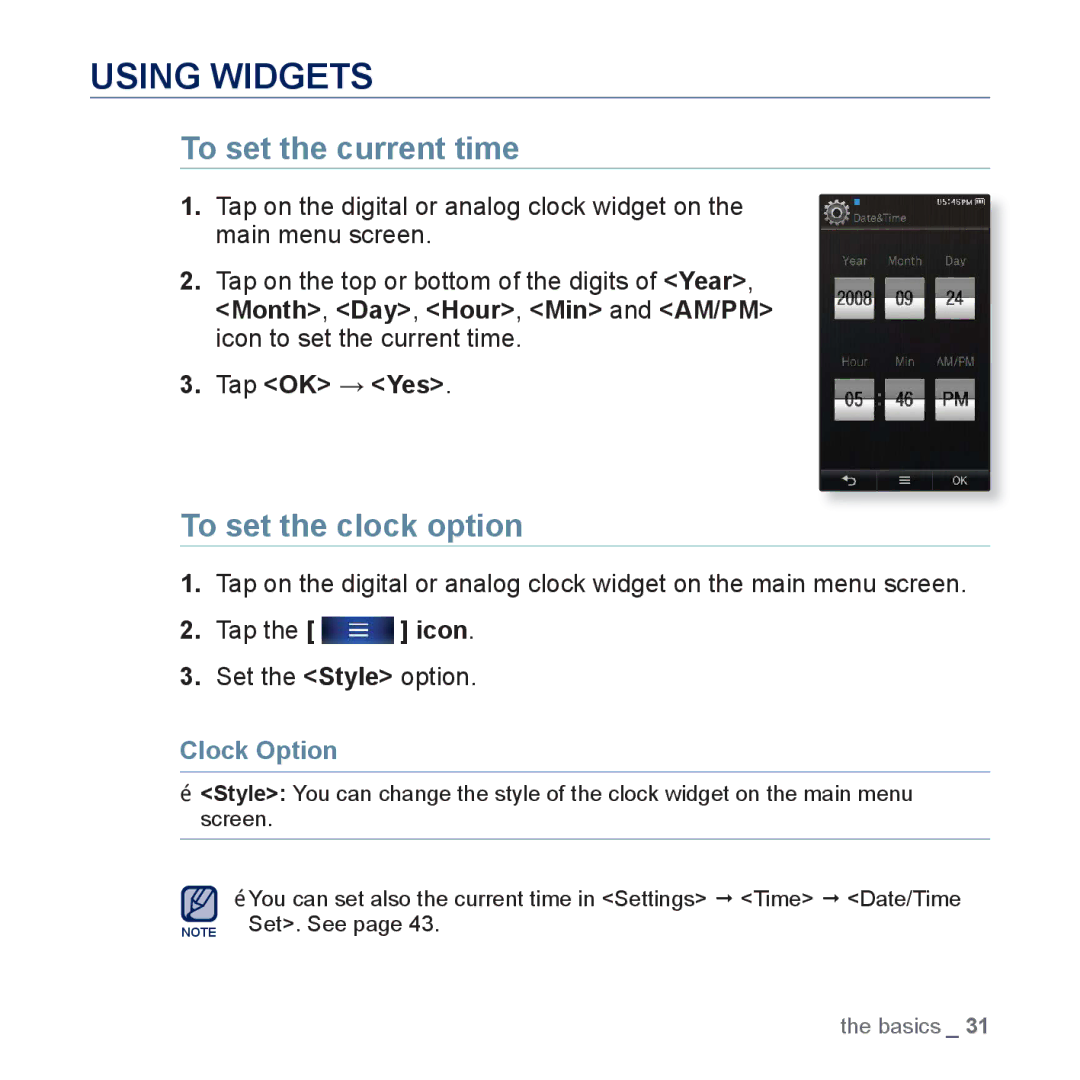 Samsung YP-P3 user manual Using Widgets, To set the current time, To set the clock option, Clock Option 