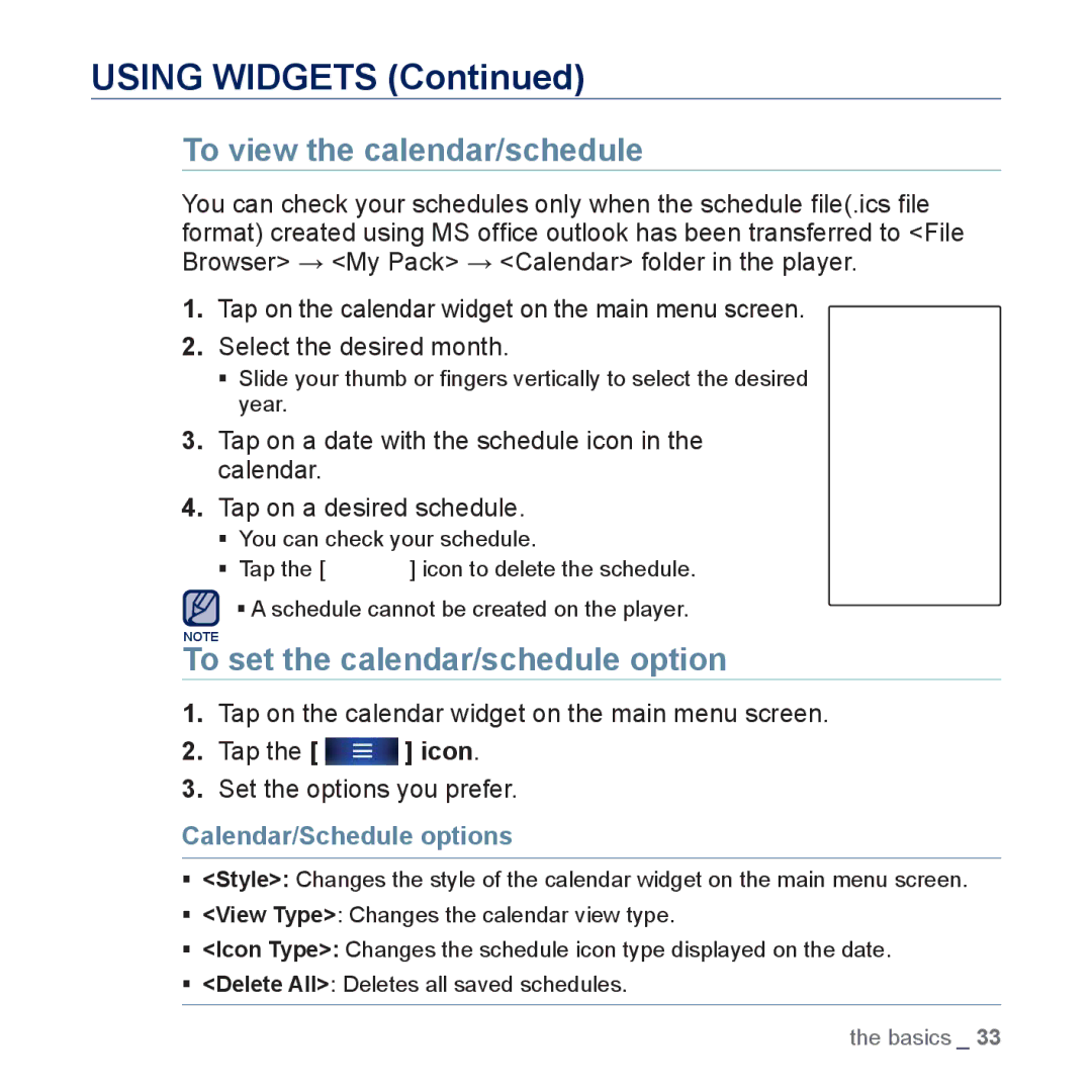 Samsung YP-P3 user manual To view the calendar/schedule, To set the calendar/schedule option, Calendar/Schedule options 