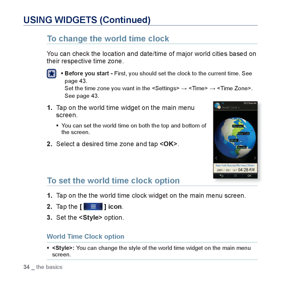 Samsung YP-P3 To change the world time clock, To set the world time clock option, Select a desired time zone and tap OK 