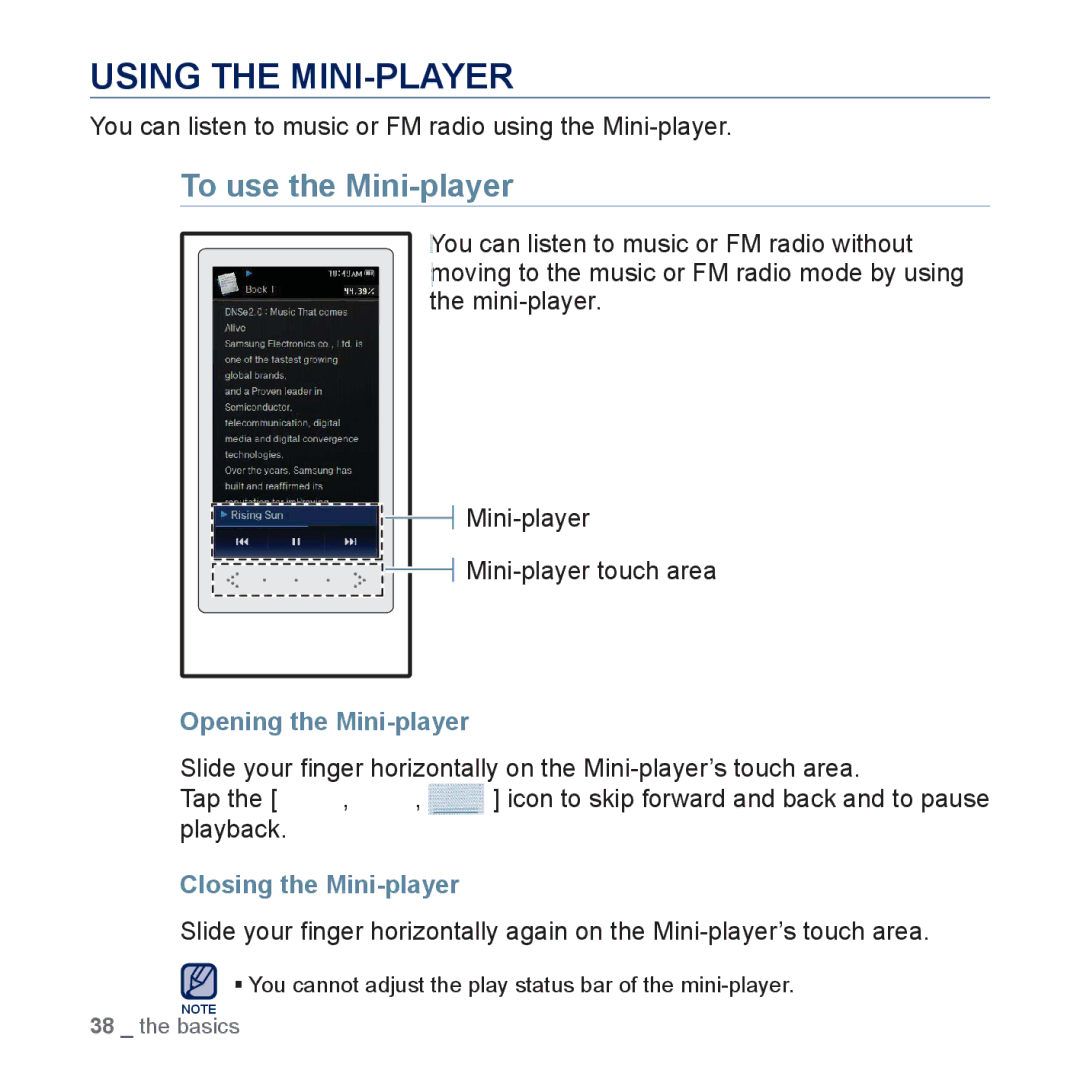 Samsung YP-P3 Using the MINI-PLAYER, To use the Mini-player, You can listen to music or FM radio using the Mini-player 