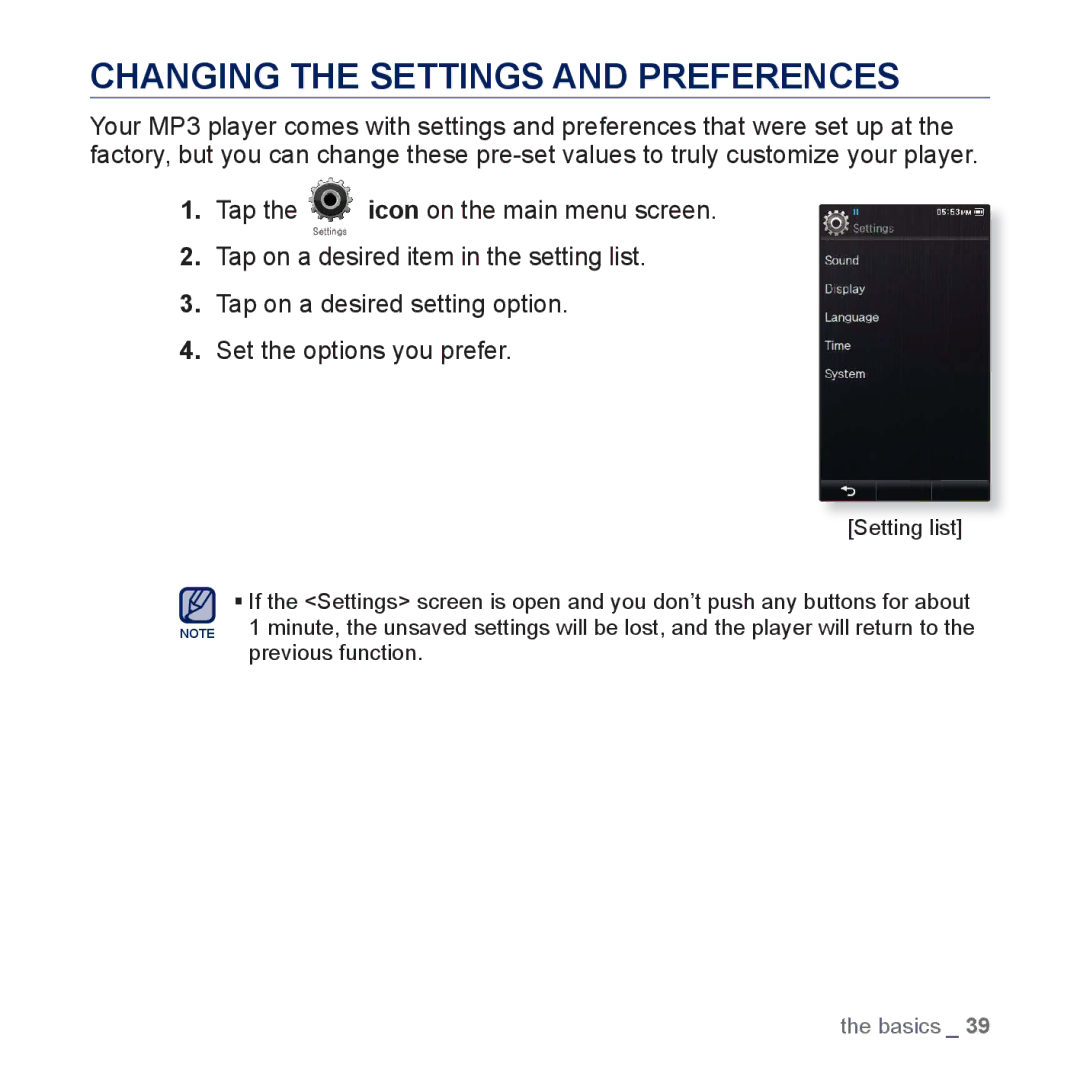 Samsung YP-P3 user manual Changing the Settings and Preferences 