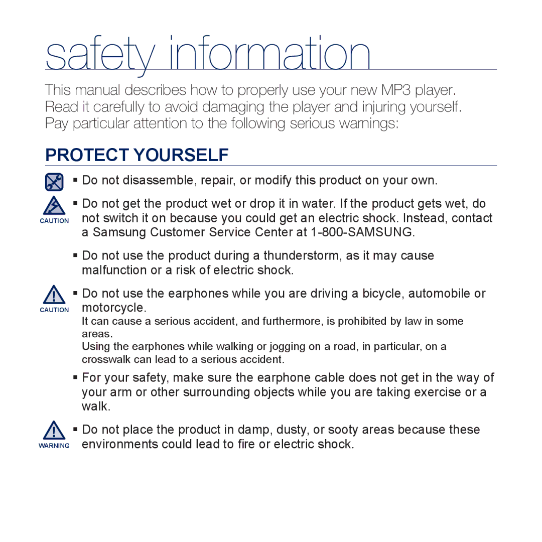 Samsung YP-P3 user manual Protect Yourself 