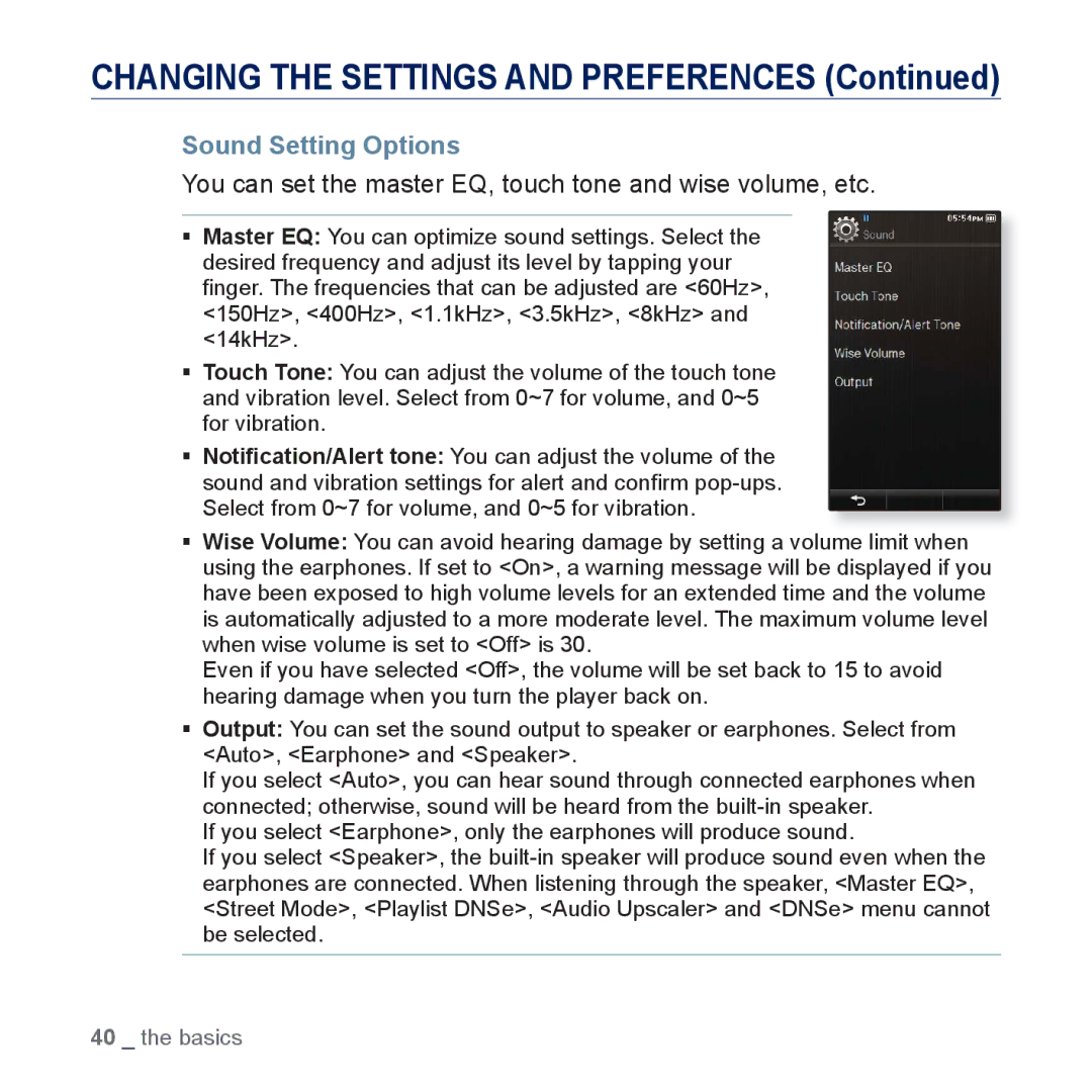 Samsung YP-P3 user manual Sound Setting Options, You can set the master EQ, touch tone and wise volume, etc 