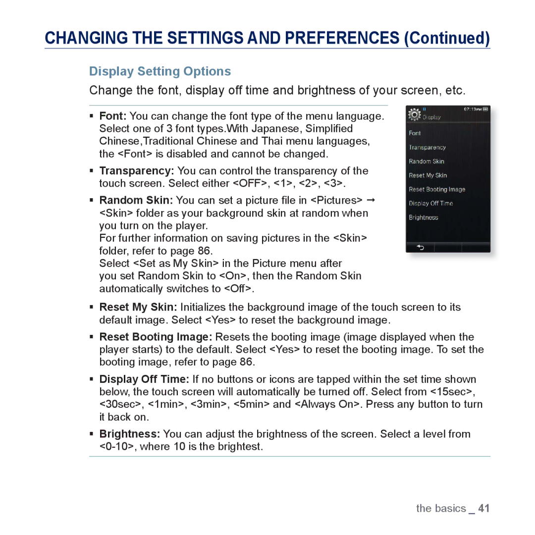 Samsung YP-P3 user manual Display Setting Options 