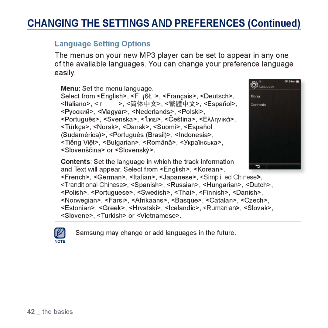 Samsung YP-P3 user manual Language Setting Options 