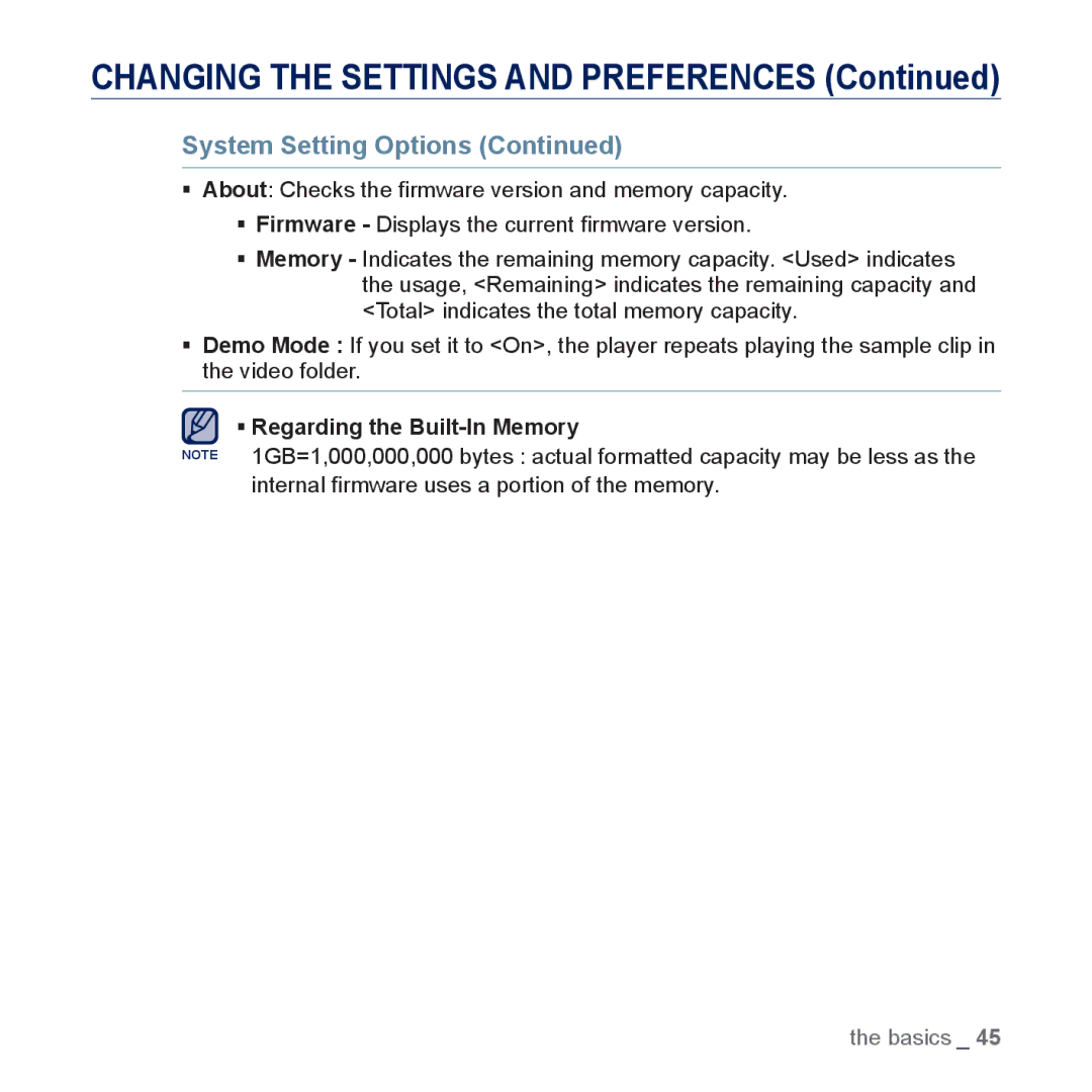 Samsung YP-P3 user manual ƒ Regarding the Built-In Memory 