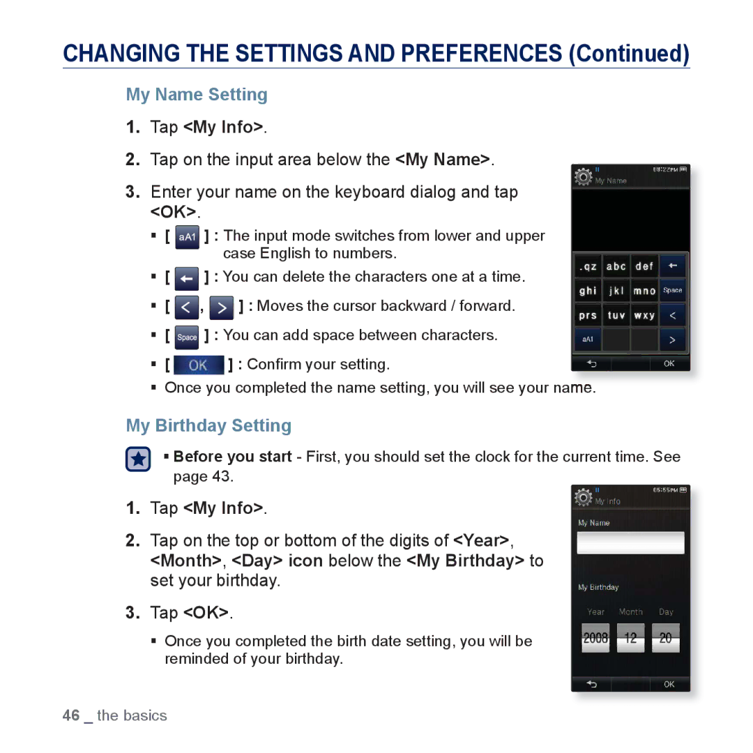 Samsung YP-P3 user manual My Name Setting, Tap My Info, My Birthday Setting 