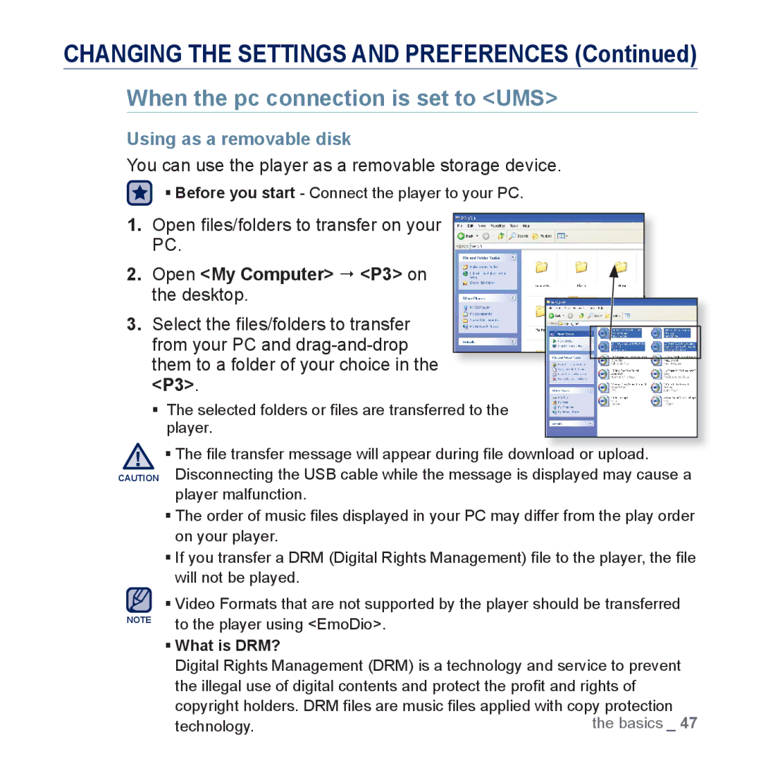 Samsung YP-P3 When the pc connection is set to UMS, Using as a removable disk, Open ﬁles/folders to transfer on your PC 