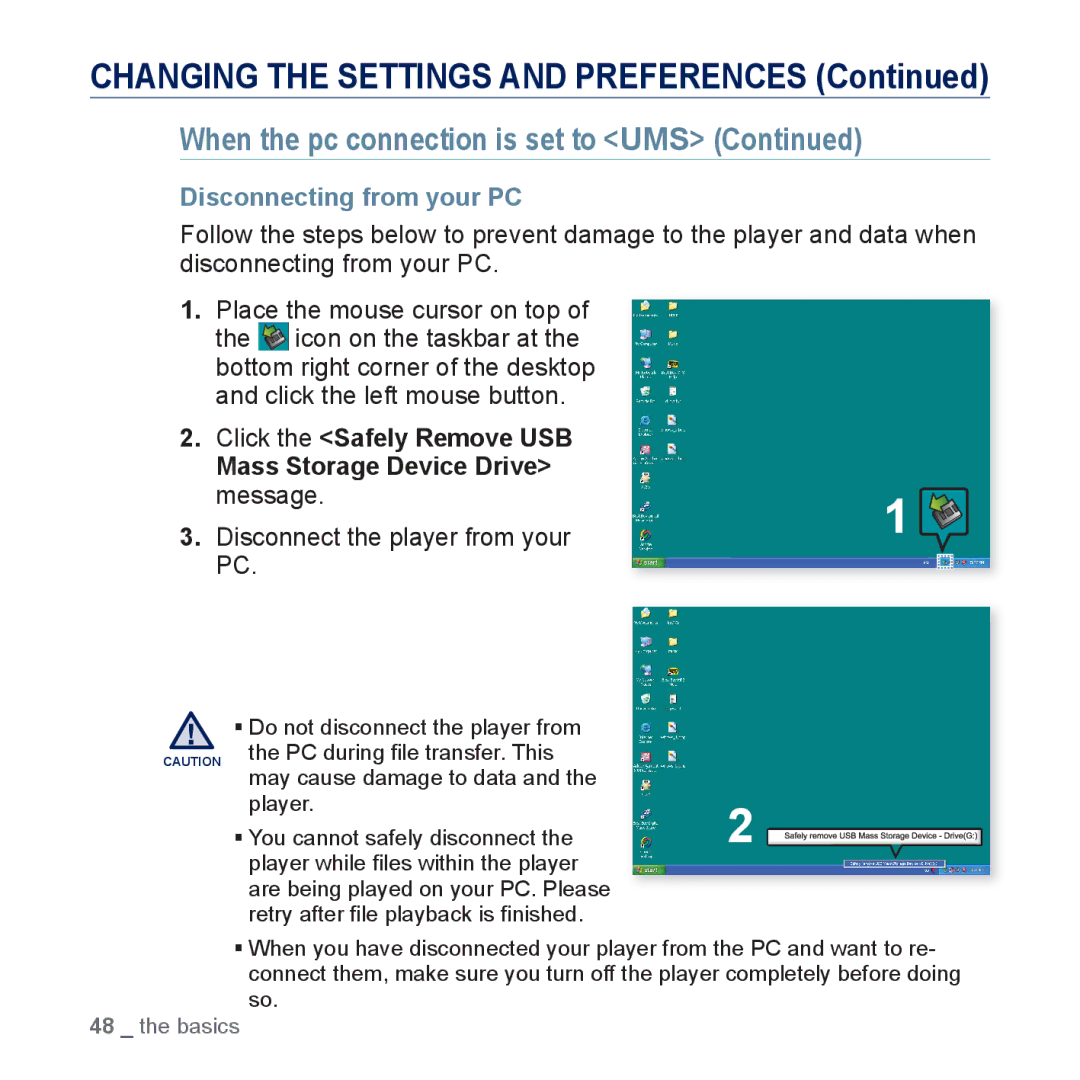 Samsung YP-P3 user manual Disconnecting from your PC, Click the Safely Remove USB Mass Storage Device Drive 