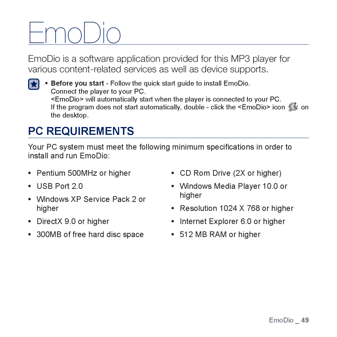 Samsung YP-P3 user manual EmoDio, PC Requirements 