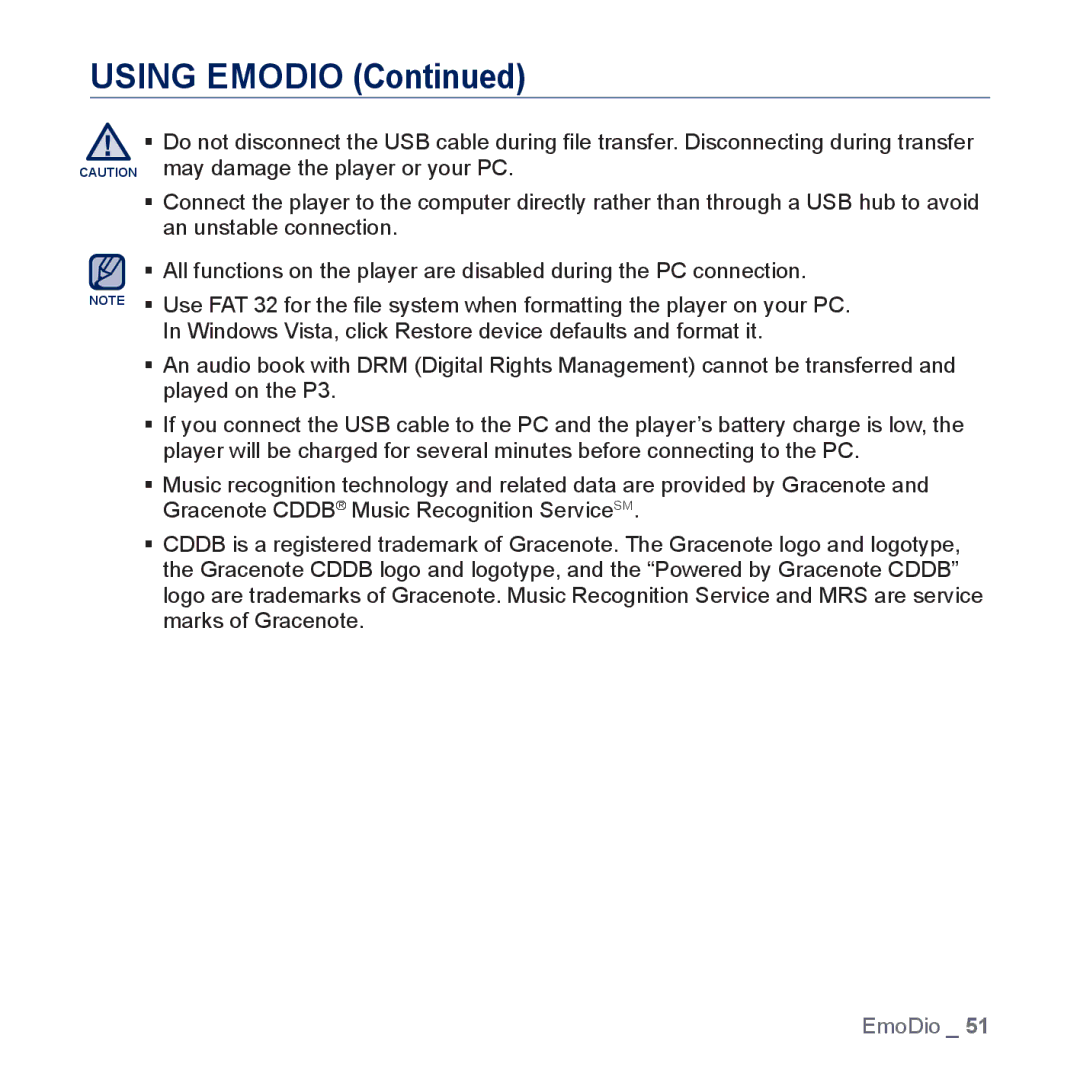 Samsung YP-P3 user manual Using Emodio 