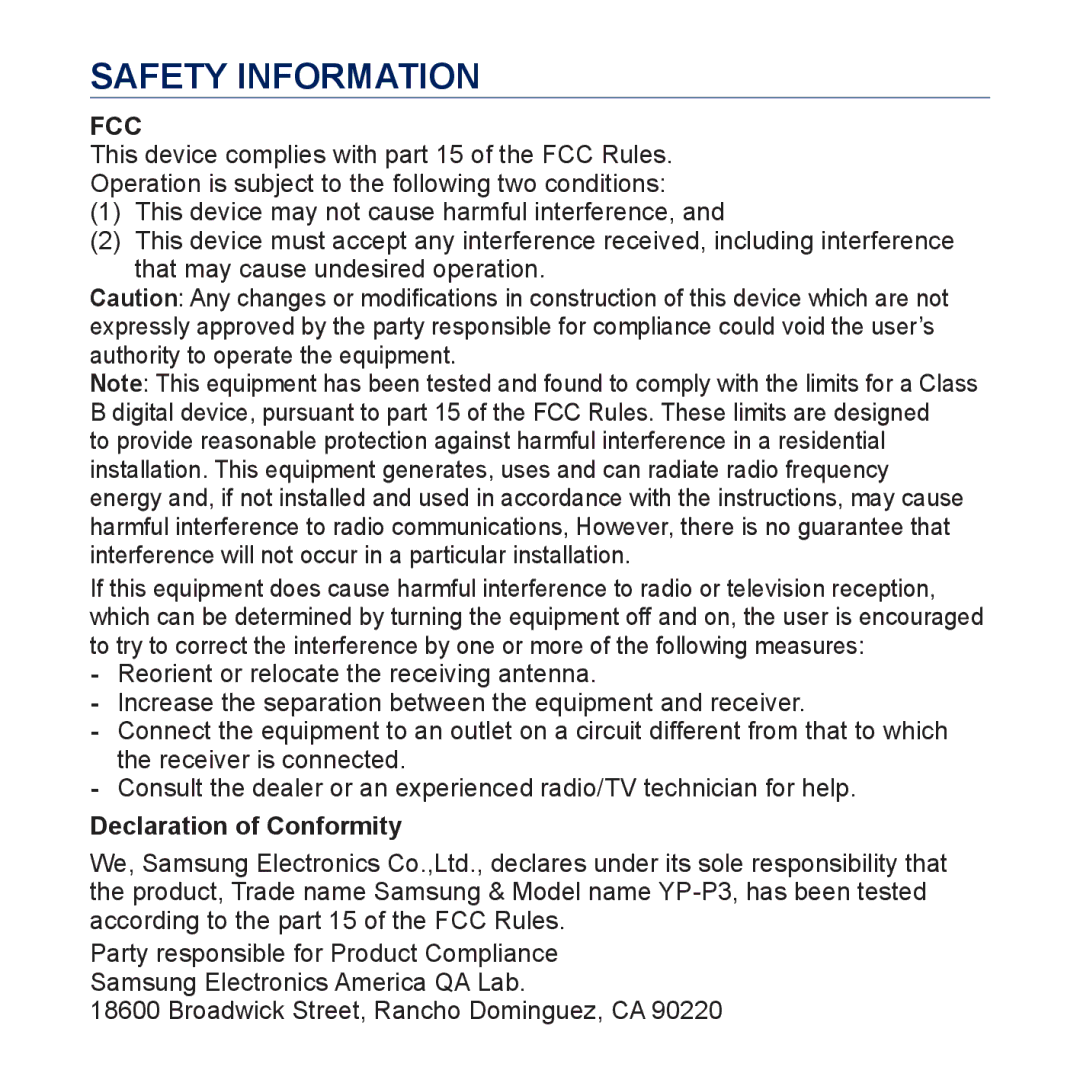 Samsung YP-P3 user manual Safety Information, Declaration of Conformity 