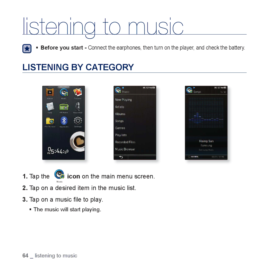 Samsung YP-P3 user manual Listening to music, Listening by Category 