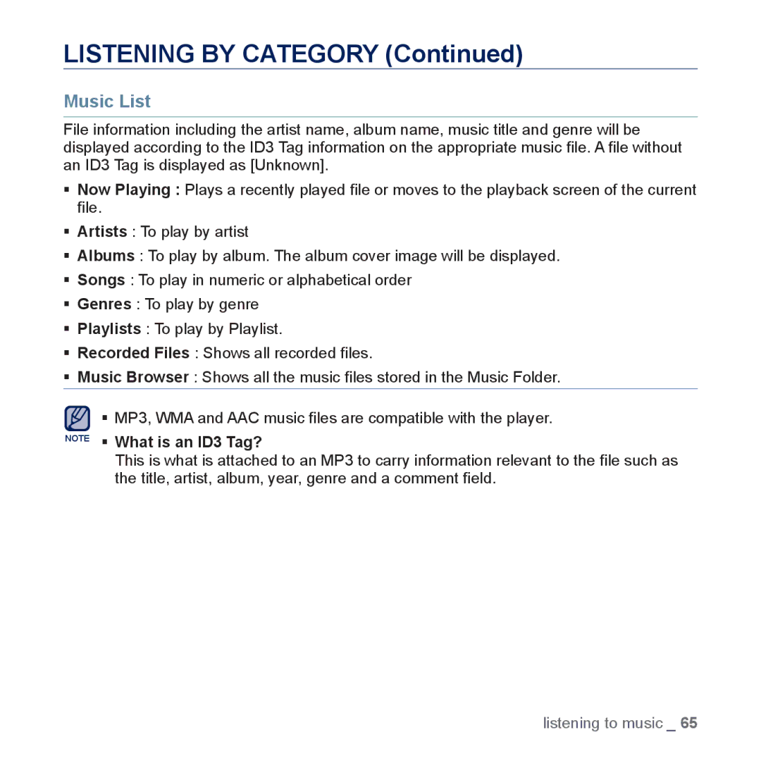 Samsung YP-P3 user manual Listening by Category, Music List 