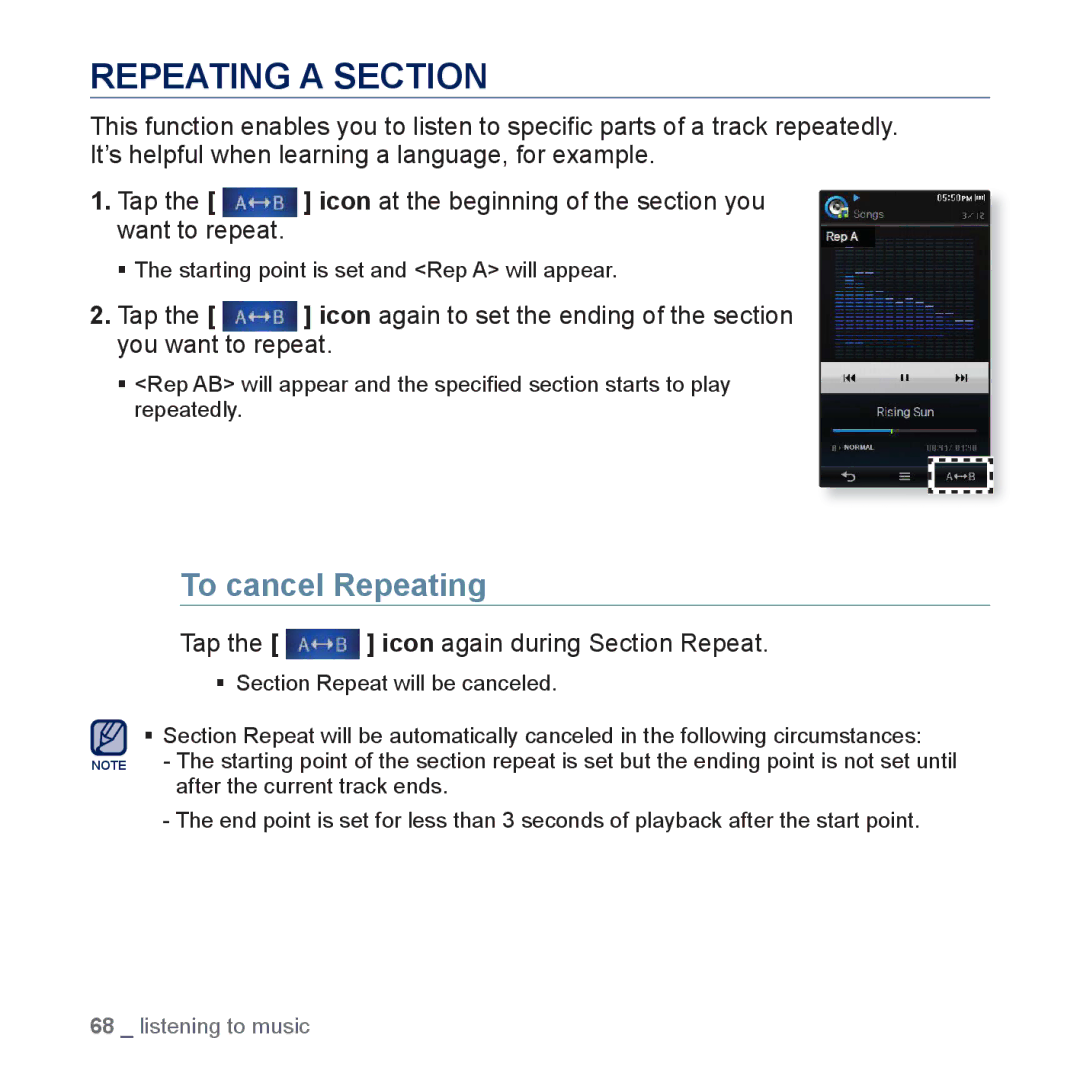 Samsung YP-P3 Repeating a Section, To cancel Repeating, Want to repeat, Tap the icon again during Section Repeat 