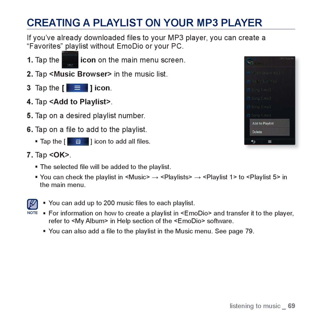 Samsung YP-P3 user manual Creating a Playlist on Your MP3 Player, Tap Add to Playlist 