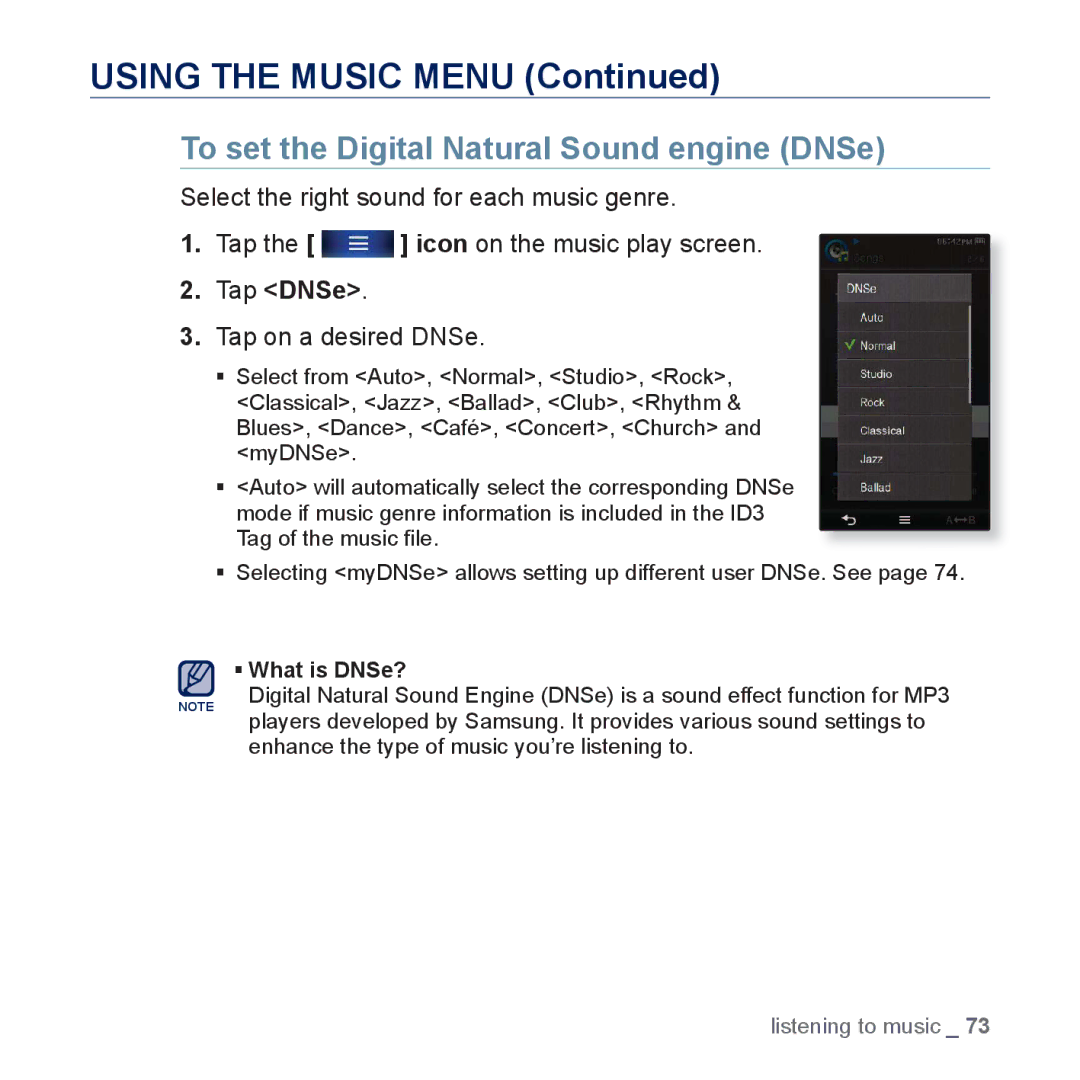 Samsung YP-P3 user manual To set the Digital Natural Sound engine DNSe 