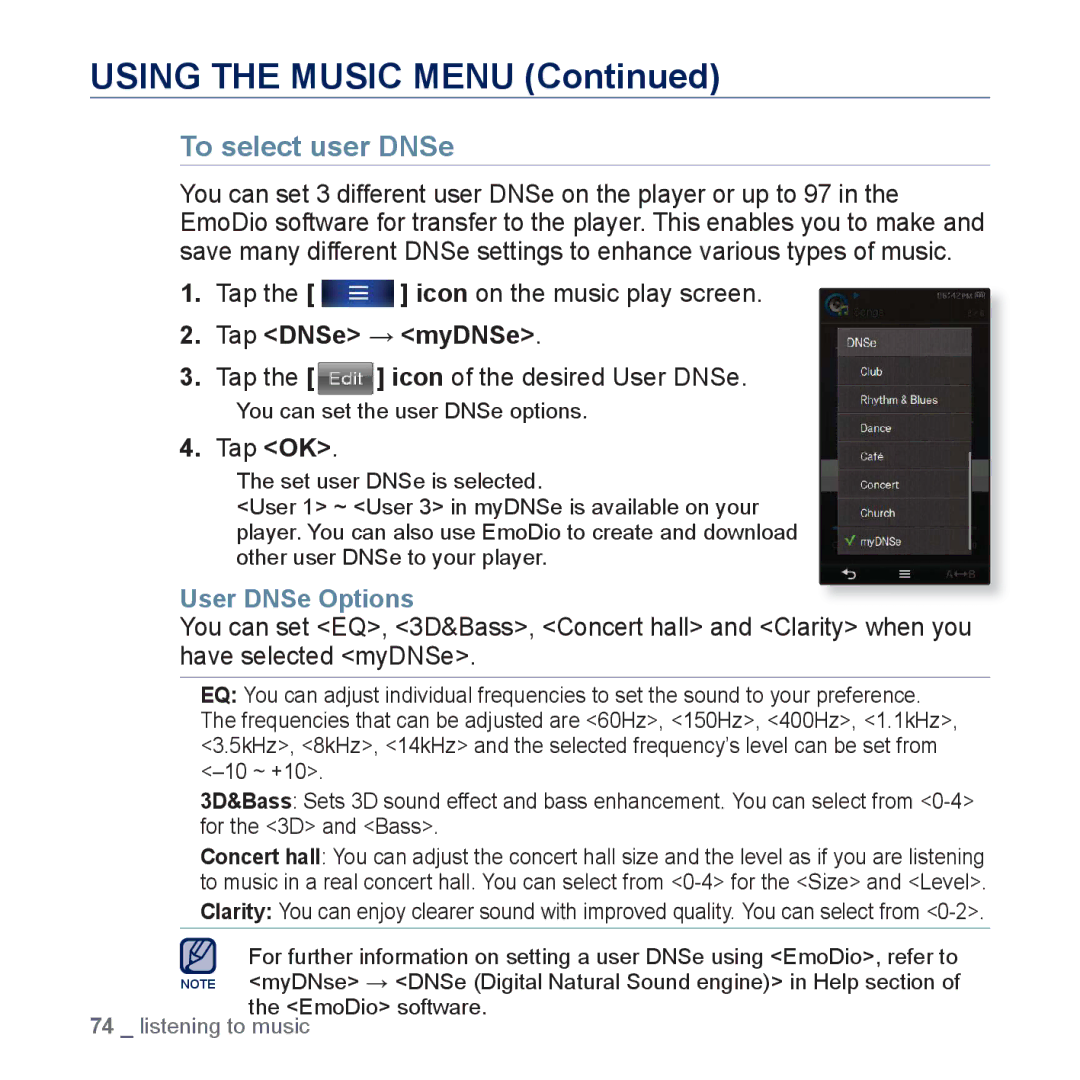 Samsung YP-P3 user manual Tap DNSe → myDNSe, Tap the icon of the desired User DNSe, User DNSe Options 