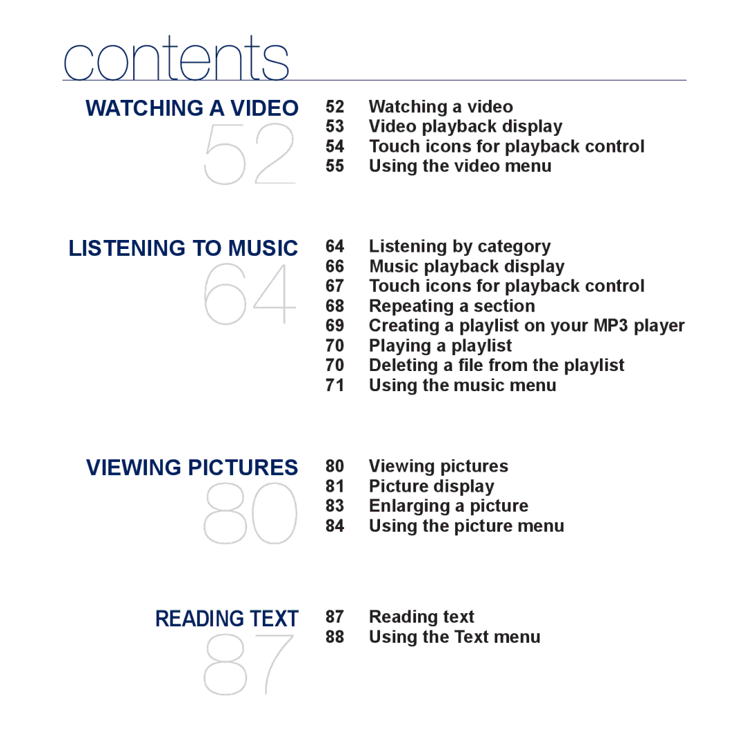 Samsung YP-P3 Listening by category, Music playback display, Repeating a section, Playing a playlist, Using the music menu 