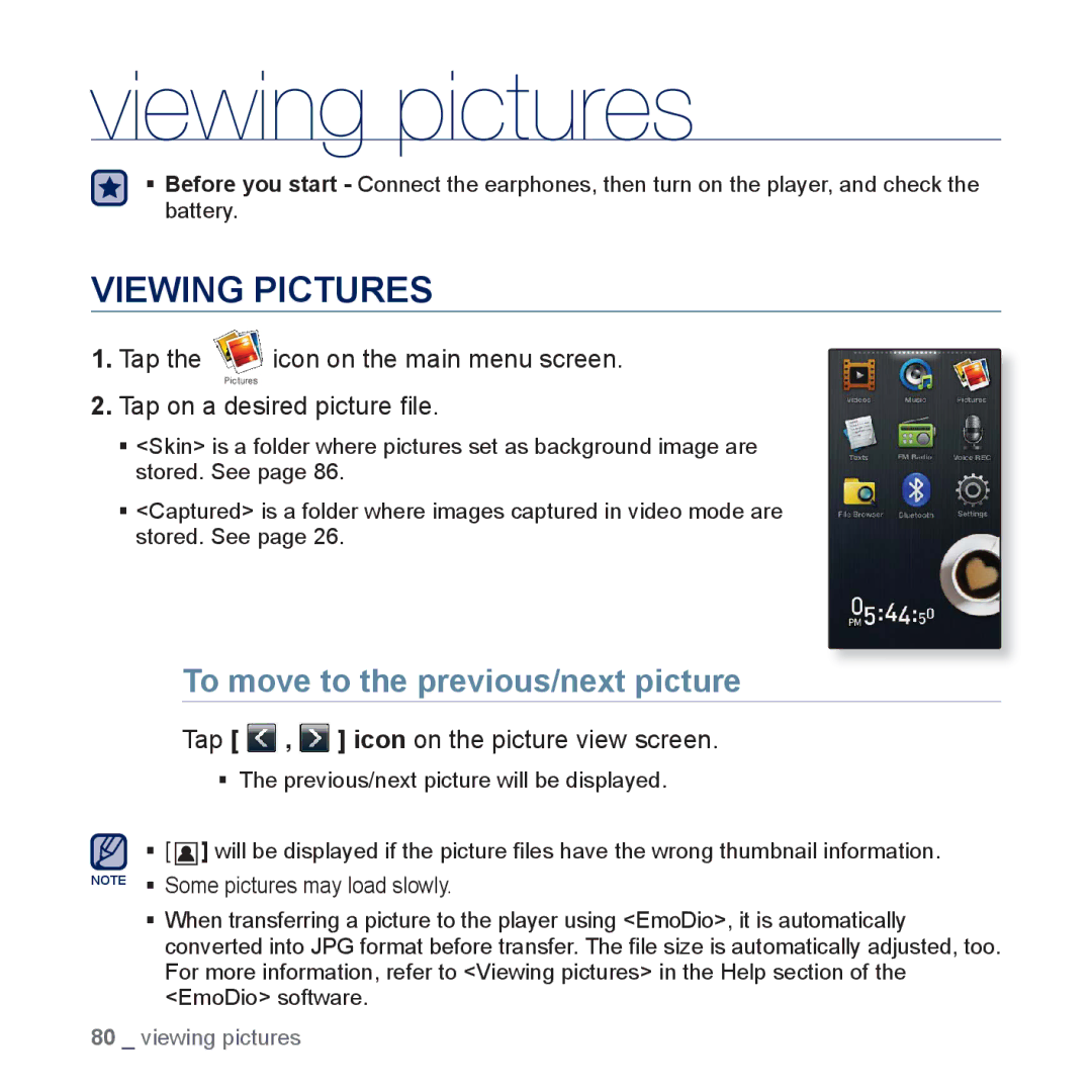 Samsung YP-P3 user manual Viewing pictures, Viewing Pictures, To move to the previous/next picture 