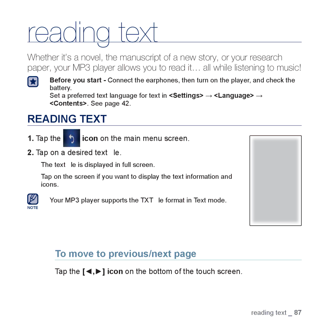 Samsung YP-P3 Reading text, Reading Text, To move to previous/next, Tap the , icon on the bottom of the touch screen 