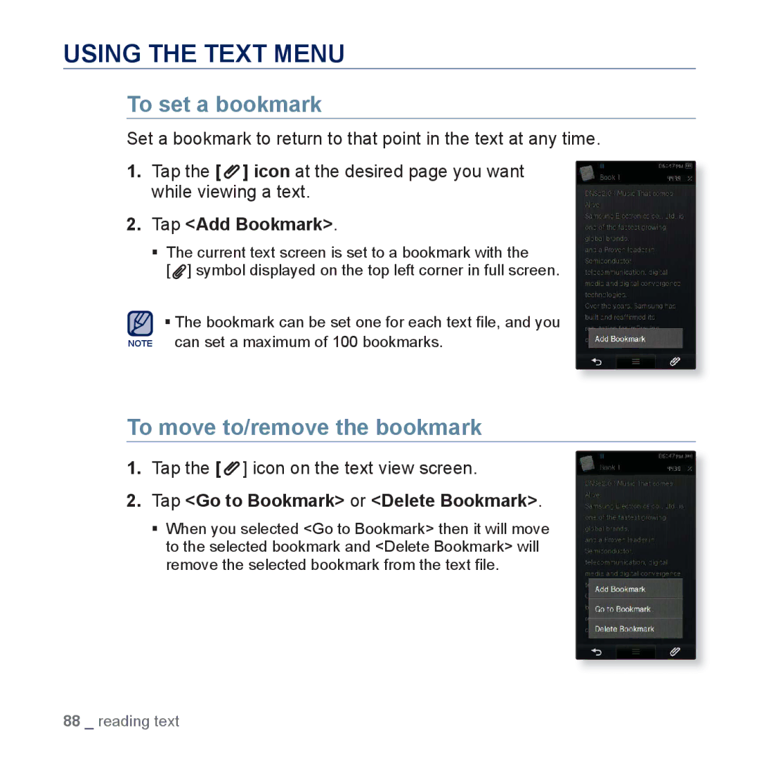 Samsung YP-P3 Using the Text Menu, To move to/remove the bookmark, Tap Add Bookmark, Tap the icon on the text view screen 